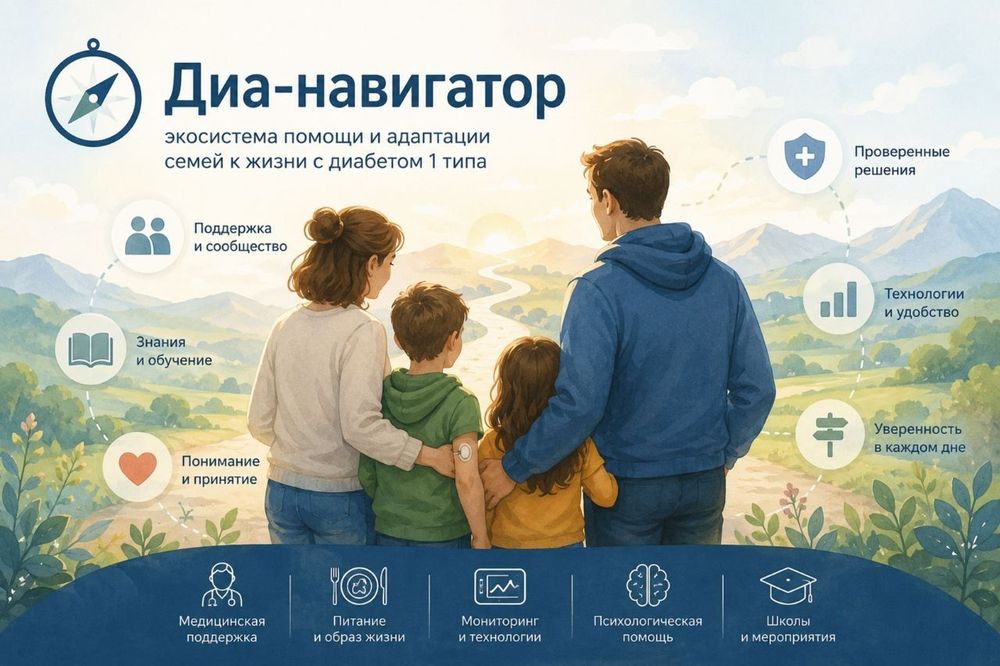Схема «Диа-навигатора»: экосистема помощи и адаптации семей к жизни с диабетом 1 типа