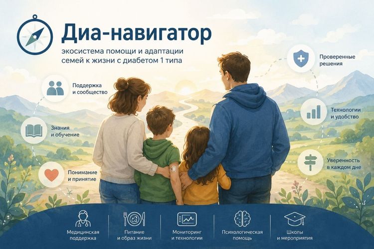 Схема «Диа-навигатора»: экосистема помощи и адаптации семей к жизни с диабетом 1 типа